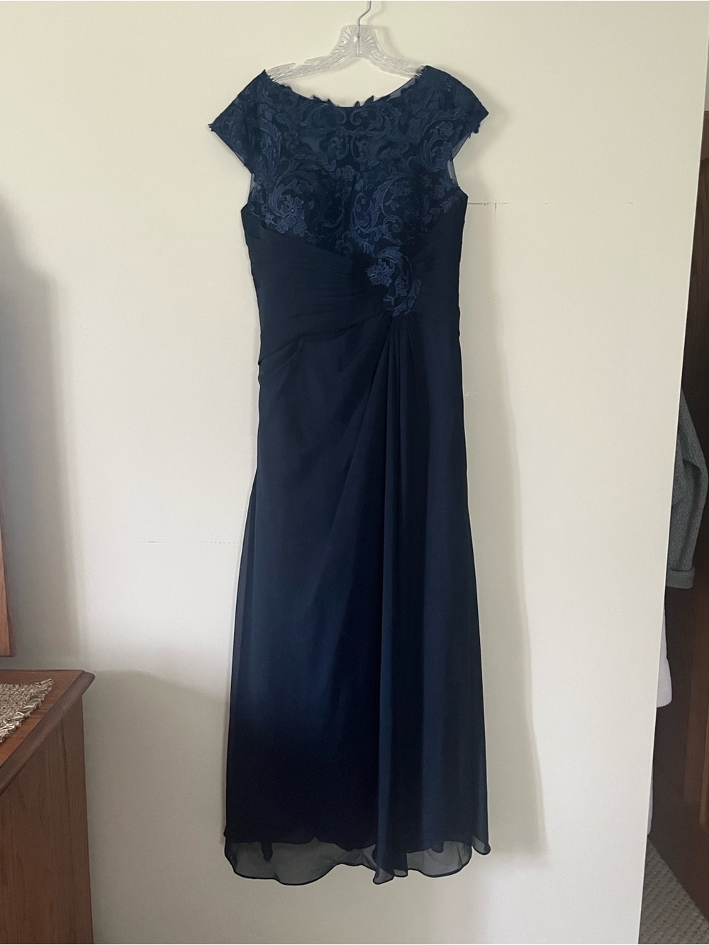 Elegant Navy Lace Bodice Evening Dress